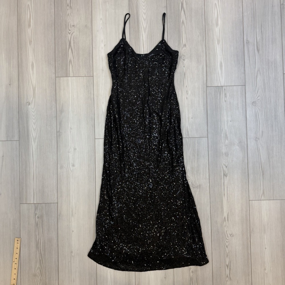 Anthropologie Small Black Sequined V-Neck Slip Dress Adjustable Straps - Picture 2 of 15